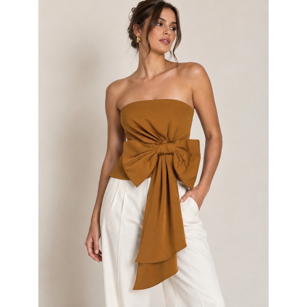 DO+BE Caramel Brown Strapless Bow Corset Top S Coquette Romantic Glam Artsy Chic